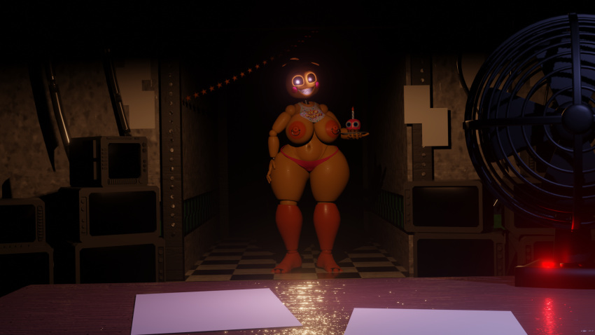 3d cupcake cupcake_(fnaf) five_nights_at_freddy's five_nights_at_freddy's_2 fnaf glowing_eyes glowing_mouth hallway heart-shaped_pupils looking_at_viewer mirumimi self_upload she_is_such_a_bad_bitch_tho smiling smiling_at_viewer solo toy_chica_(fnaf) toy_chica_(love_taste)