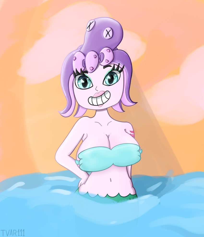 big_breasts bra breasts cala_maria cuphead_(game) female mermaid partially_clothed smiling tvar111