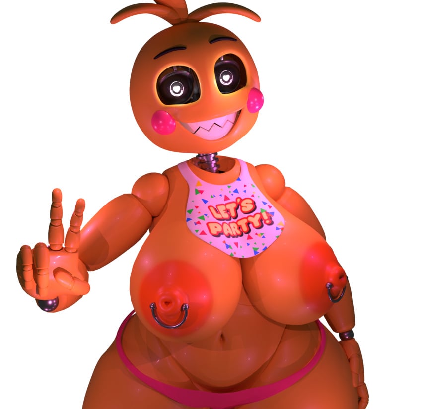 1girls 3d bib breasts_out five_nights_at_freddy's five_nights_at_freddy's_2 fnaf heart-shaped_pupils heart_eyes looking_at_viewer mirumimi peace_sign self_upload smile smiling solo standing text tits_out toy_chica_(fnaf) toy_chica_(love_taste) transparent_background v