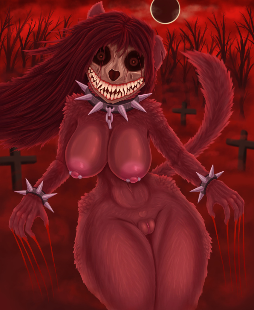 andrea_(minstlu) anthro areola big_breasts blood bodily_fluids bone breasts canid canine canis cemetery collar creepypasta demon eclipse female fog forest forest_background fur genitals gorillabulldozer hair hi_res long_hair looking_at_viewer mammal nature nature_background nipple_piercing nipples nude piercing plant pussy red_body red_eyes red_fur red_hair sharp_teeth skull smile solo spiked_collar spikes tail teeth thick_thighs tree