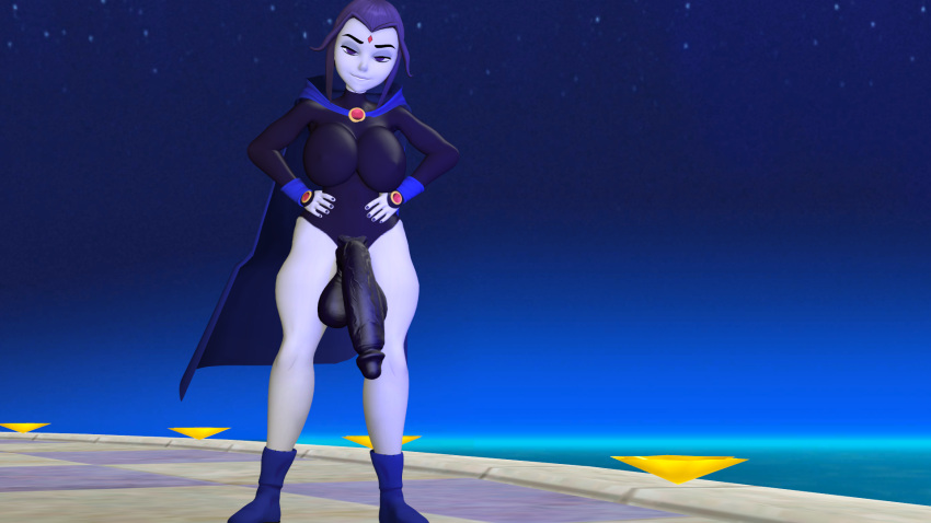 1futa 3d artist_request big_balls big_breasts big_penis clothing footwear futa_only futanari genitalwear huge_cock human intersex outerwear pale_skin purple_cloak purple_eyes purple_hair solo source_filmmaker source_request standing thick_thighs white_skin