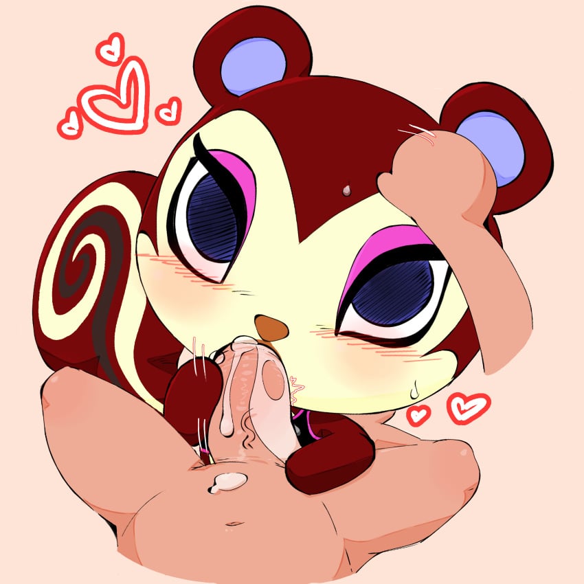 absurd_res aka_leopard animal_crossing anthro blue_eyes blush bodily_fluids chibi cum cum_in_mouth cum_inside cum_on_penis cum_overflow duo fellatio female female_on_human first_person_view genital_fluids genitals gym_clothing hand_on_head heart hi_res human human_on_anthro interspecies looking_at_viewer makeup male male/female mammal nintendo on_model oral pecan_(animal_crossing) penile penis rodent sciurid sex size_difference smaller_female tree_squirrel villager_(animal_crossing)