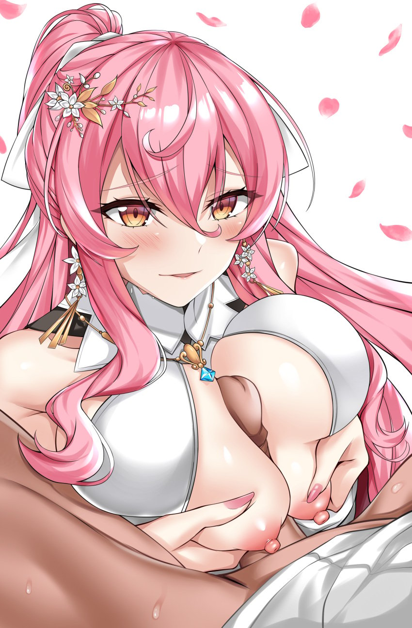 1boy1girl blush boobjob counter:side earrings elze_(s01047480836) female_focus grabbing_own_breast hair_ornament lips paizuri petals pink_hair pink_lips ponytail smile sweat tagme veronica_(counter:side)