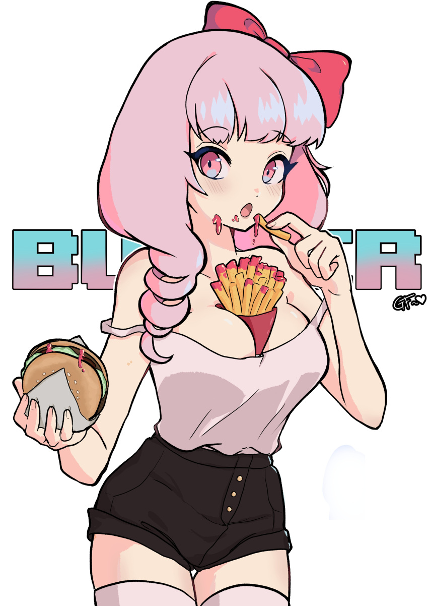 big_breasts blush blush_lines bow breasts burger eating eyelashes fries goldenfoggy ketchup original original_character pink_eyes pink_hair red_bow thighhighs