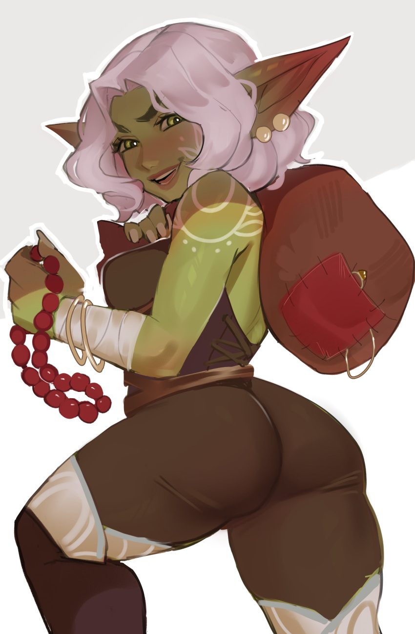 1girls absurd_res ass blush earrings female female_only goblin goblin_female gobtober gobtober_2023 green_eyes green_skin looking_at_viewer maewix1 pointy_ears shortstack smiling smiling_at_viewer solo thief white_background white_hair