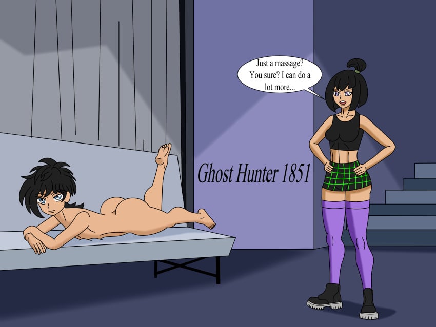 1boy 1girls bare_legs bare_shoulders bare_thighs barefoot black_hair blouse blue_eyes boots danny_fenton danny_phantom exhibitionism exhibitionist female ghosthunter1851(artist) goth goth_girl hands_on_hips huge_ass huge_butt indoor_nudity large_ass large_butt living_room looking_at_another looking_at_viewer lying lying_on_couch lying_on_stomach male miniskirt nickelodeon nude nude_male nude_male_clothed_female ponytail purple_eyes sam_manson small_breasts smile smiling stockings text_bubble wide_hips