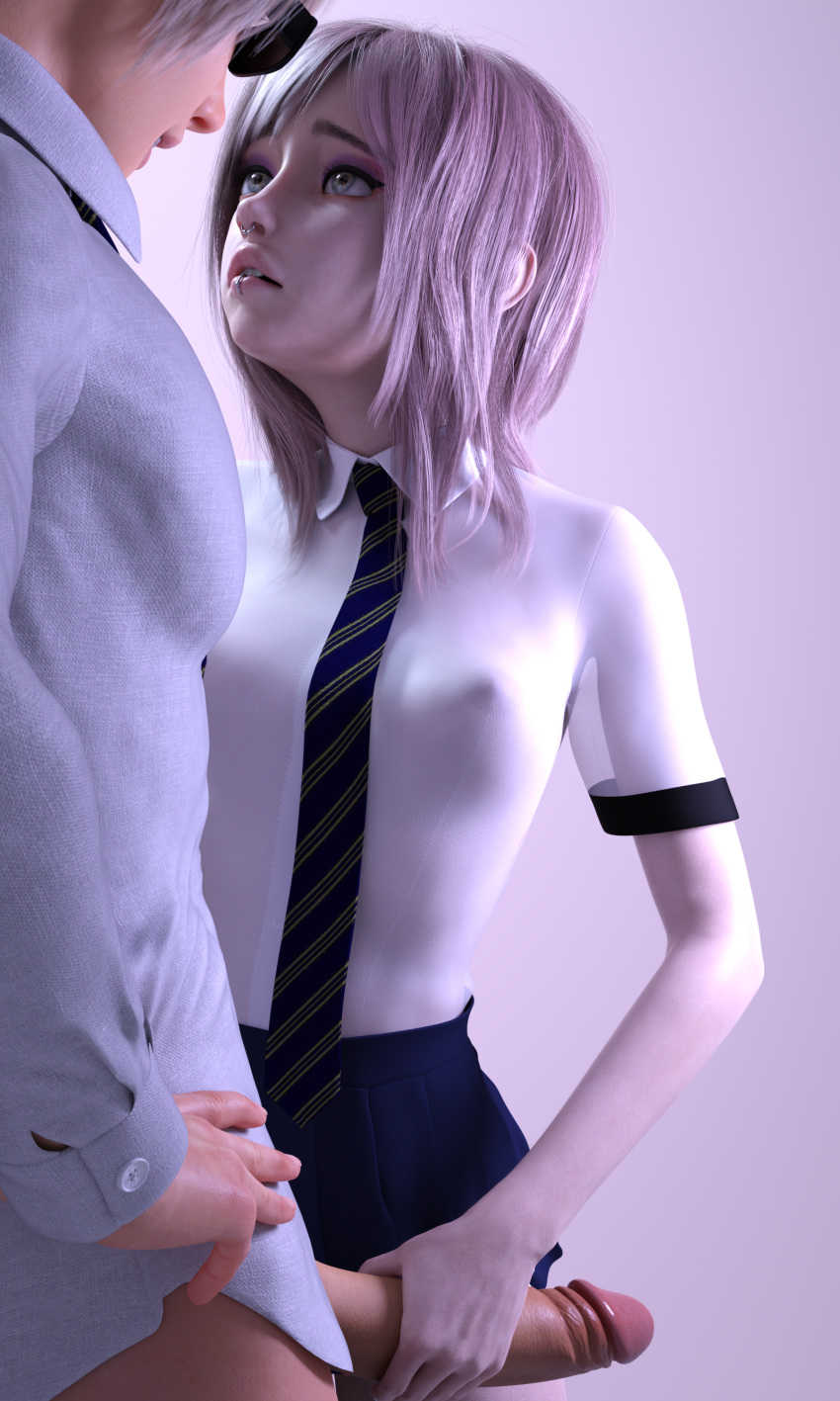 3d damz grey_eyes handjob original original_character pale_skin pink_hair purple_hair school_uniform