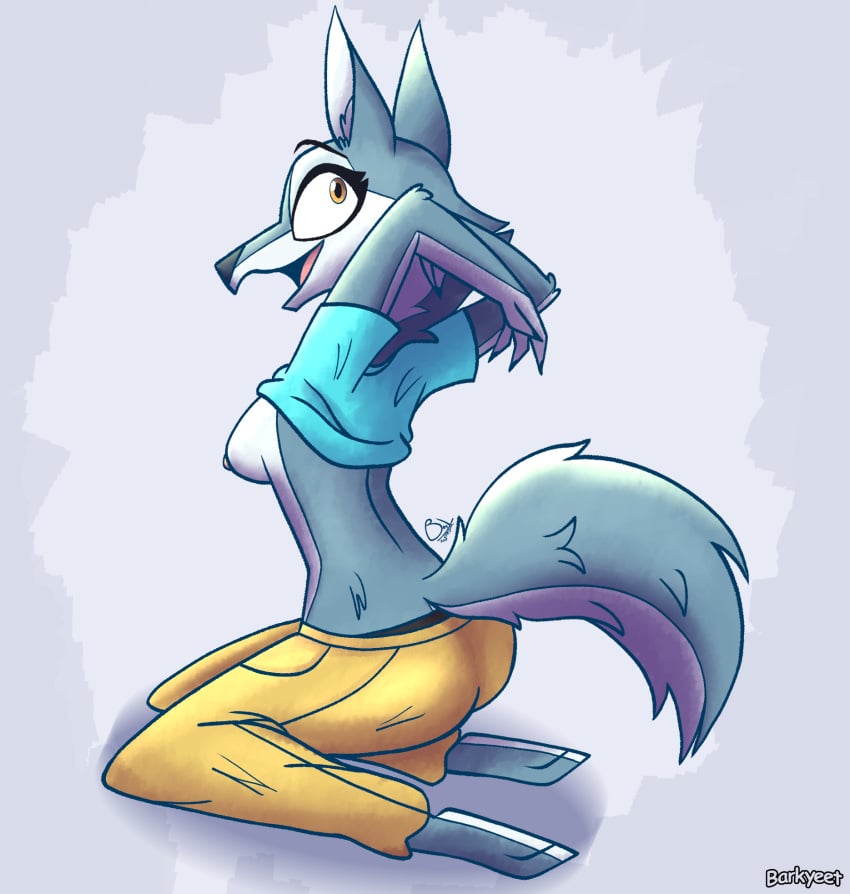 2023 anthro ass barkyeet blue_body blue_fur blush breasts butt_focus canid canine canis clothed clothing countershading digital_drawing_(artwork) digital_media_(artwork) feet female fingers fluffy fluffy_tail fur gradient_background happy hi_res illumination_entertainment looking_at_viewer mammal multicolored_body multicolored_fur pawpads paws pink_nipples porsha_crystal signature simple_background sing_(movie) sitting small_breasts solo tail white_body white_fur wolf yellow_eyes