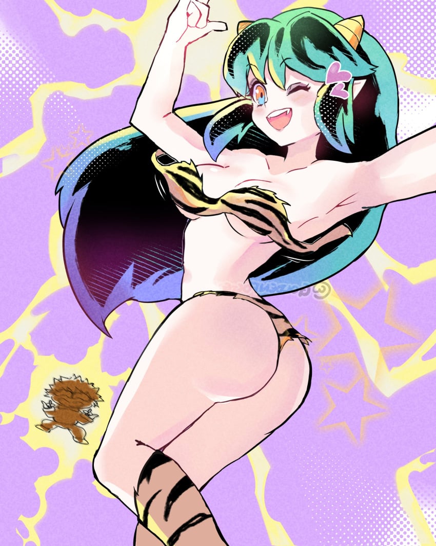 ass ass_focus big_ass blue_hair blush breasts electricity electrocution goldenfoggy heart horns long_hair lum pale-skinned_female pale_skin striped_bikini thick_thighs tiger_print_bikini tiger_print_legwear urusei_yatsura wink