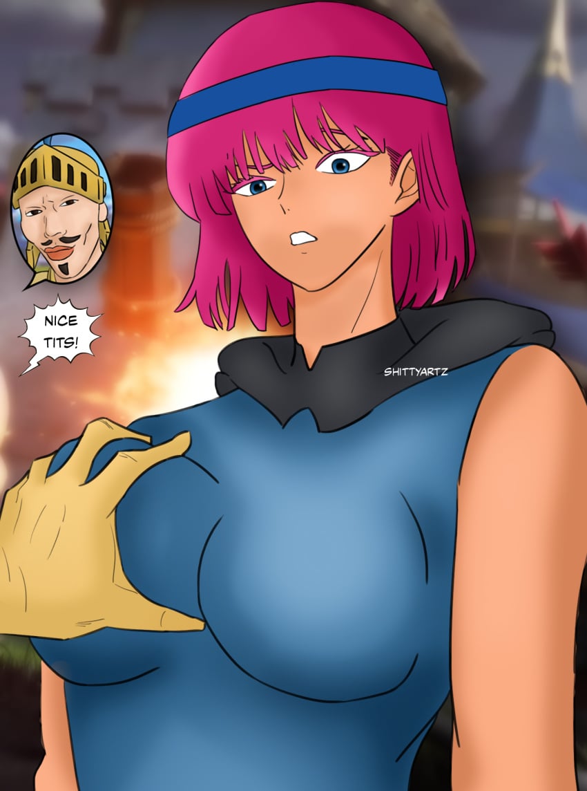 2023 big_breasts blue_eyes breast_grab breasts clash_(series) clash_royale clothed clothed_female clothed_male clothing confusion eyebrow_raise firecracker_(clash_royale) fondling fondling_breast fully_clothed fully_clothed_female fully_clothed_male headgear headwear large_breasts light-skinned_female light_skin meme pink_hair prince_(clash_royale) shittyartz shocked shocked_expression simple_shading t-shirt tagme text text_bubble watermark