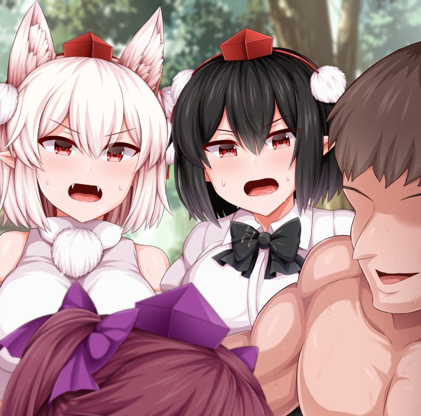 1boy 3girls animal_ears black_hair blurry_background blush breasts brown_hair drooling faceless_male forest hat hatate_himekaidou huge_breasts hypnosis implied_fellatio mind_control momiji_inubashiri monaka_(gatinemiku) oerba_yun_fang open_mouth out_of_frame outdoors pointy_ears red_eyes shameimaru_aya short_hair smile sweat tengu textless textless_version tokin_hat touhou tree twintails watching white_hair wolf_girl