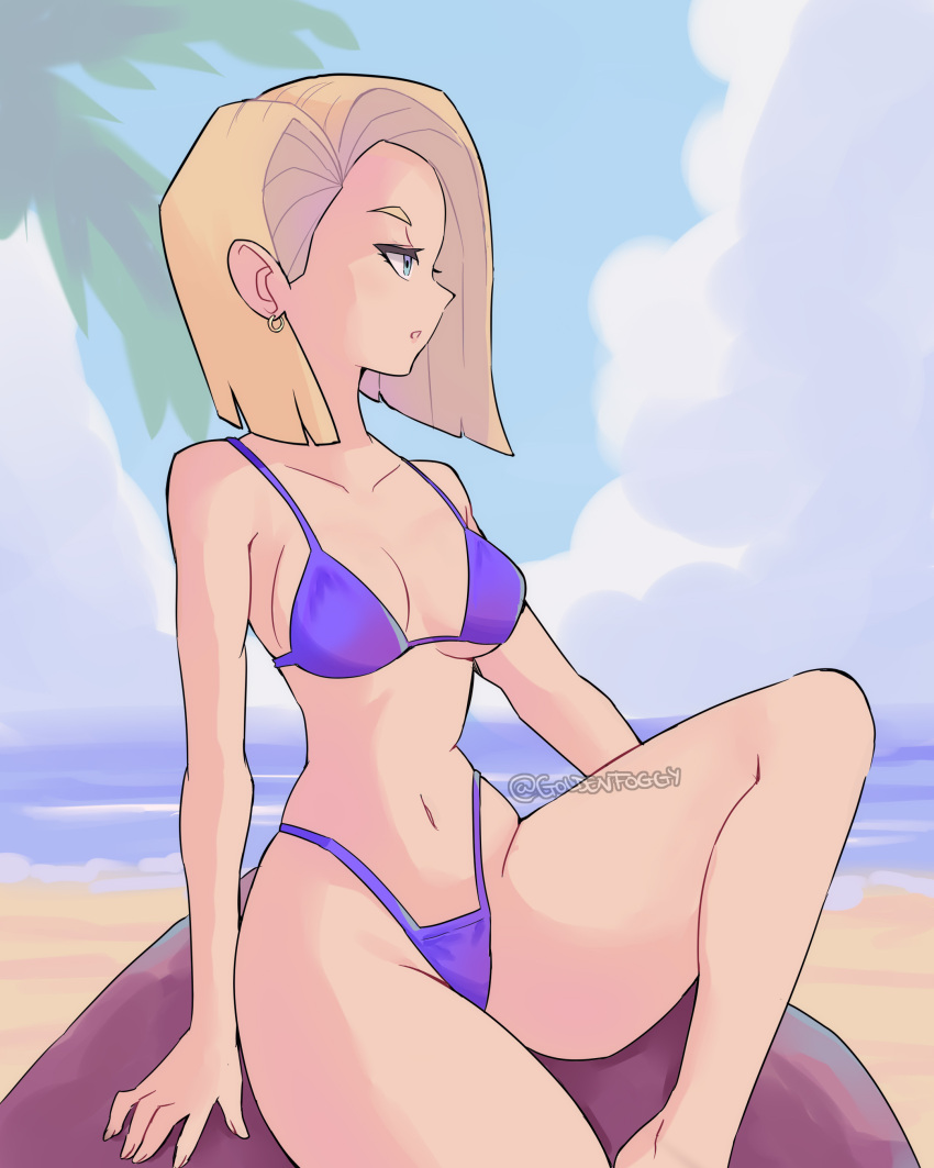 android_18 background beach bikini blonde_hair blue_bikini blue_eyes day dragon_ball earrings goldenfoggy ocean palm_tree redraw salvamakoto thick_thighs