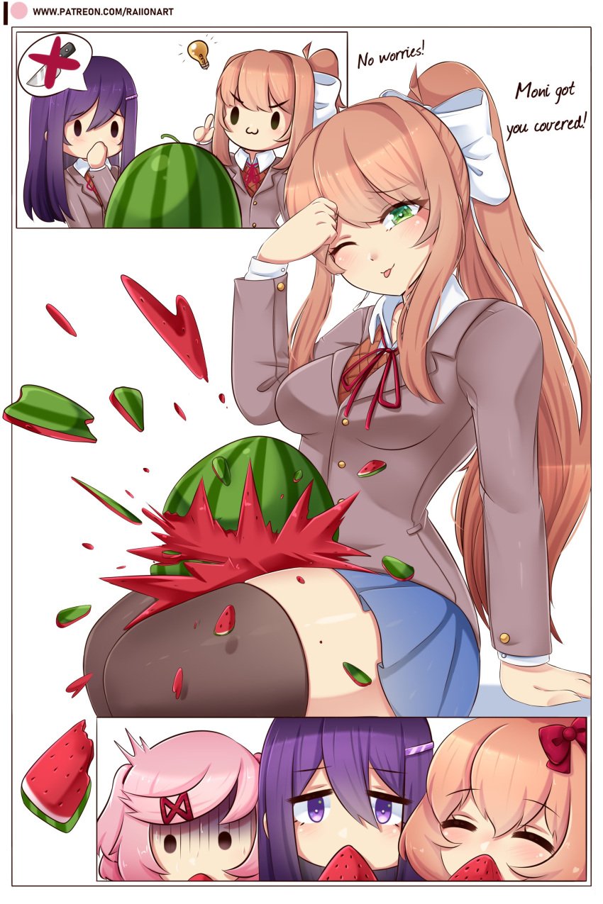 4girls comic crush crushing doki_doki_literature_club female female_only monika_(doki_doki_literature_club) multiple_girls natsuki_(doki_doki_literature_club) raionart sayori_(doki_doki_literature_club) school_uniform schoolgirl skirt thick_thighs watermelon watermelon_crushing yuri_(doki_doki_literature_club)