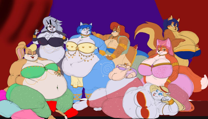 8girls animaniacs bbw black_clothing blob blue_clothing blue_fur breast_squeeze brown_fur canine canine_humanoid carmelita_fox chip_'n_dale_rescue_rangers chipmunk cream_fur crossover disney eastern_and_western_character fat fat_arms fat_ass fat_belly fat_breasts fat_legs female fox fox_ears fox_tail gadget_hackwrench gold_clothing gray_fur green_clothing hand_on_belly harem harem_outfit hellhound helluva_boss huge_breasts immobile krystal laughing lola_bunny loona_(helluva_boss) looney_tunes maid_marian minerva_mink mobian_(species) mobian_chipmunk mouse multiple_girls nintendo obese open_mouth orange_fur pink_clothing purple_clothing rabbit rabbit_ears rabbit_humanoid red_clothing red_eyes robin_hood_(disney) sally_acorn sega sil-pen-draco sly_cooper_(series) small_female sonic_(series) sonic_satam sonic_the_hedgehog_(archie) sonic_the_hedgehog_(comics) sonic_the_hedgehog_(series) ssbbw star_fox teal_clothing vivienne_medrano warner_brothers weight_gain white_fur winking