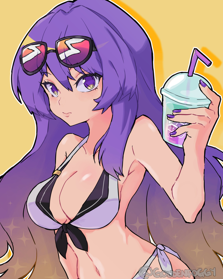 1girls ass big_breasts bikini drink female female_only goldenfoggy hololive hololive_indonesia hololive_indonesia_area_15 light-skinned_female light_skin midriff moona_hoshinova nail_polish purple_eyes purple_hair purple_nail_polish purple_nails sparkles sunglasses sunglasses_on_head virtual_youtuber