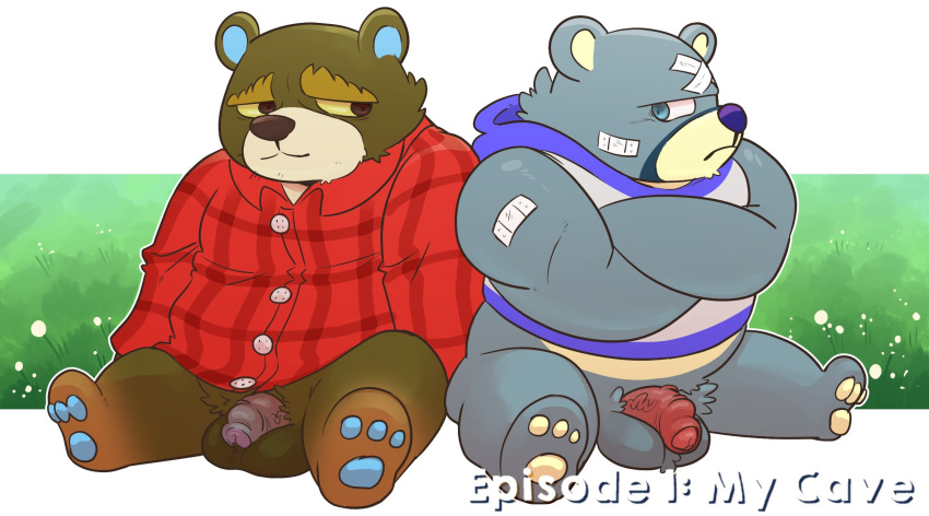 2023 animal_crossing anthro balls band-aid bandage bear black_body clothing curt_(animal_crossing) duo english_text genitals grey_body grizzly_(animal_crossing) haxsmack hi_res hoodie male male/male mammal nintendo penis shirt sitting slightly_chubby text topwear