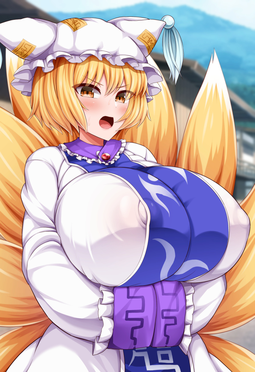 1girls big_breasts bimbo blonde_hair blue_tabard blush breasts ears_through_headwear fox_ears fox_girl fox_tail frilled_collar gigantic_breasts golden_eyes horny huge_breasts hyper_breasts kitsune large_breasts massive_breasts milf mob_cap monaka_(gatinemiku) multicolored_tail nipples nipples_visible_through_clothing puffy_nipples ran_yakumo shikigami solo sweat tabard textless textless_version touhou white_dress