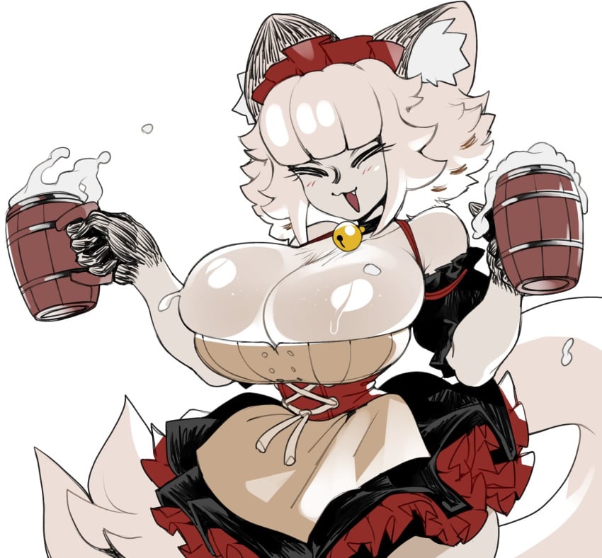 :3 anthro beer big_breasts cat_ears cat_tail catgirl catmaid_(dizzyspells) cleavage closed_eyes colored cute_fang dizzyspells fang female maid_headdress white_background white_hair