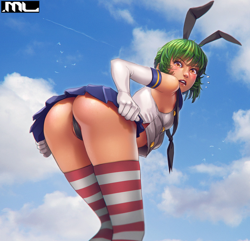 1girls ass back_view blush bunny_ears cameltoe clothed elbow_gloves green_hair leaning_forward looking_at_viewer mathias_leth short_hair sky small_breasts solo standing striped_legwear thighs upskirt