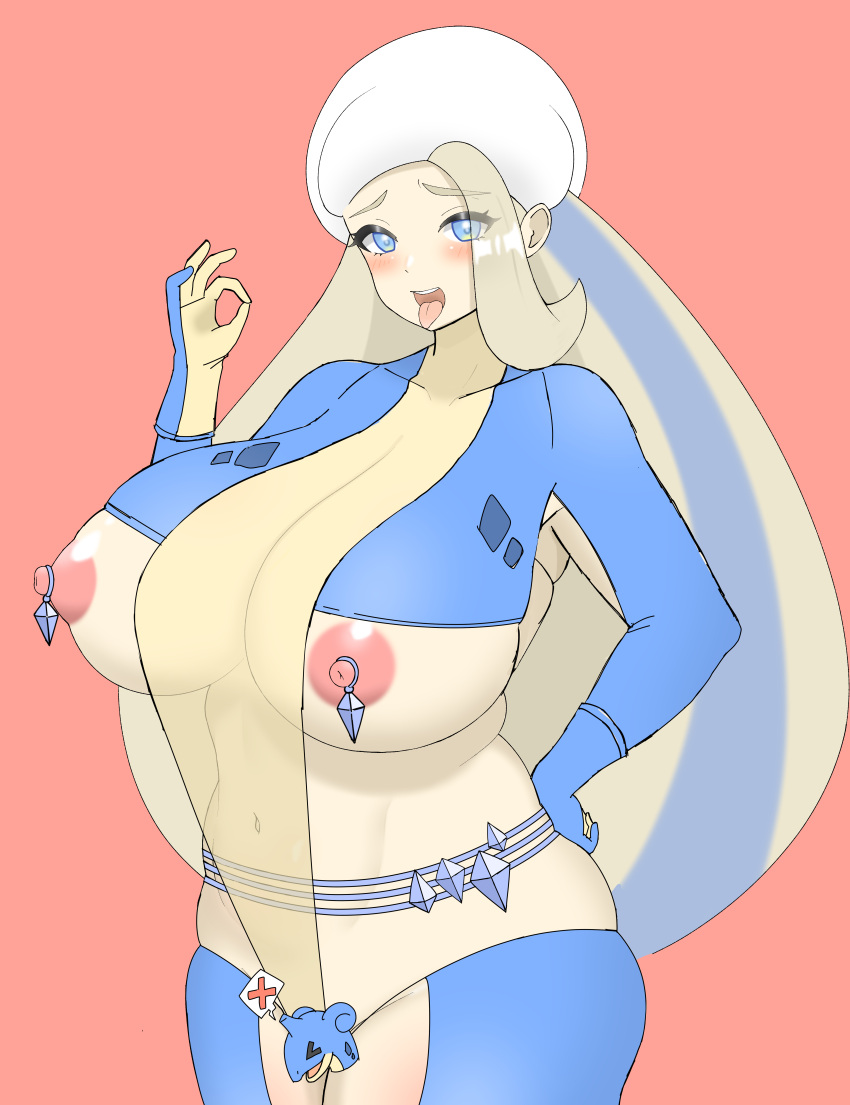 big_breasts blue_eyes blush breasts censored cosplay doors_drop game_freak gym_leader hat huge_breasts icon_censor lapras_(cosplay) melony_(pokemon) milf nintendo pink_background pokemon pokemon_(cosplay) pokemon_ss see-through_clothing solo tongue_out