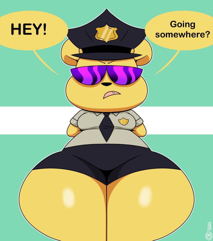 ass bear big_ass breathotter bubble_butt chikn_nuggit female huge_ass hunee_bear_(chikn_nuggit) police_hat police_uniform text_bubble thick_thighs wide_hips