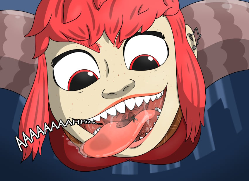 giantess netflix nikonoir nimona nimona_(nimona) open_mouth red_hair saliva sharp_teeth shrinking tongue uvula vore