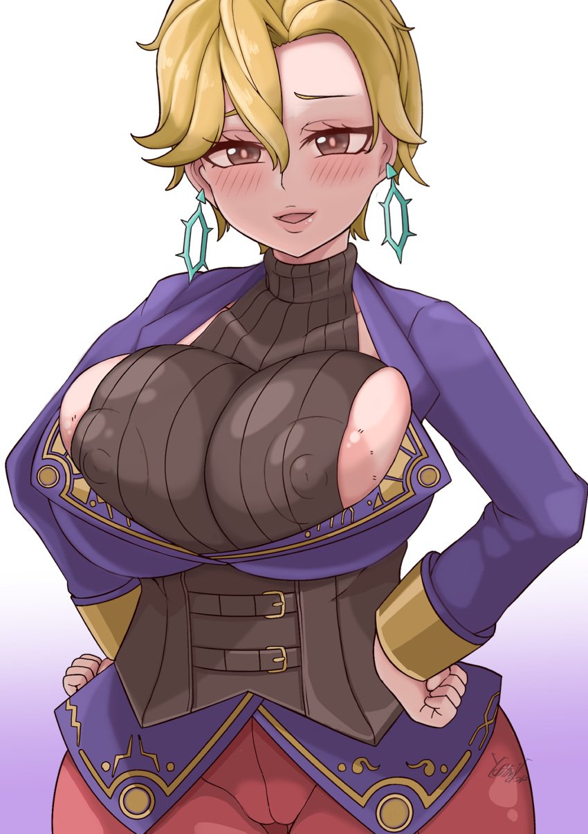 1girls alternate_breast_size big_breasts blonde_hair blush blush_lines breasts briar_(pokemon) busty curvaceous curvy curvy_body curvy_female curvy_figure domidori earrings female game_freak huge_breasts large_breasts nintendo nipples pokemon pokemon_(game) pokemon_sv short_hair voluptuous