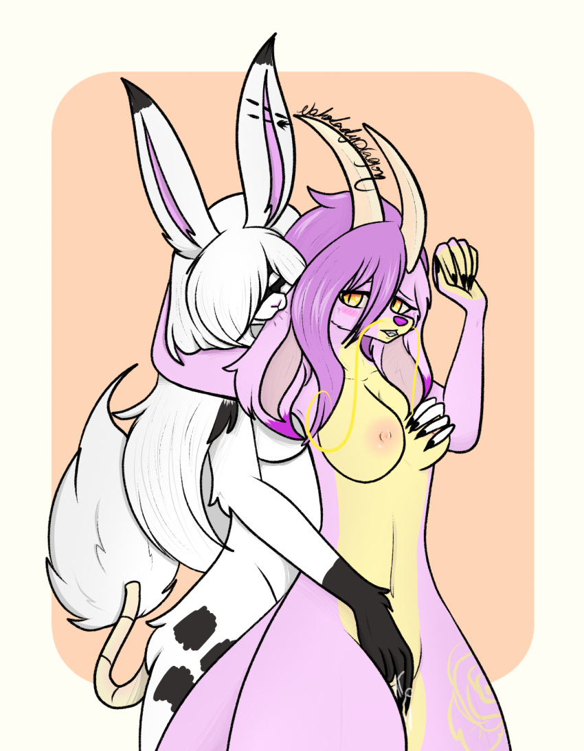 akame_(zorasorata) anthro bite blush blush_lines bodily_fluids breast_grab breast_squish breasts clitoral clitoris dragon duo ear_bite enjoying female female/female fluffy fluffy_tail from_behind_position fur genital_fluids genitals grabbing grabbing_from_behind hair half-closed_eyes hand_on_breast haru_(naholadydragon) hi_res horn lagomorph leporid looking_pleasured mammal naholadydragon narrowed_eyes nipples pink_body pink_nose pussy_juice rabbit rubbing_pussy sex simple_background spots spotted_body spotted_fur squish tail tail_fluff touching_pussy white_body white_hair yellow_body yellow_eyes