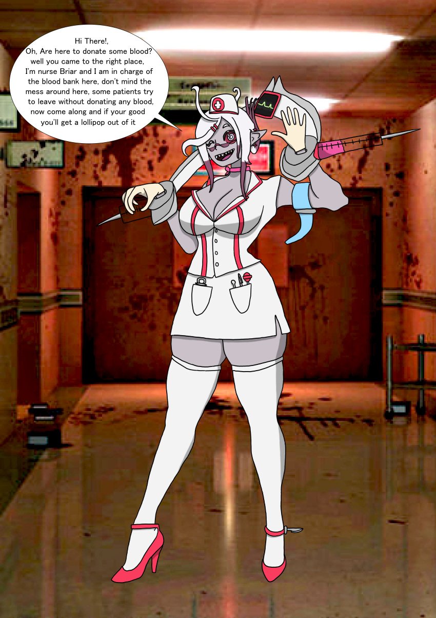 alternate_breast_size blood_golem blood_stain breasts briar_(league_of_legends) english_text female_focus full_body glasses gloves grey_skin high_heels hospital huge_breasts league_of_legends lollipop nonsexual nurse nurse_cap nurse_uniform red_heels ribbon_choker sharp_teeth speech_bubble thighhighs twilight_jester