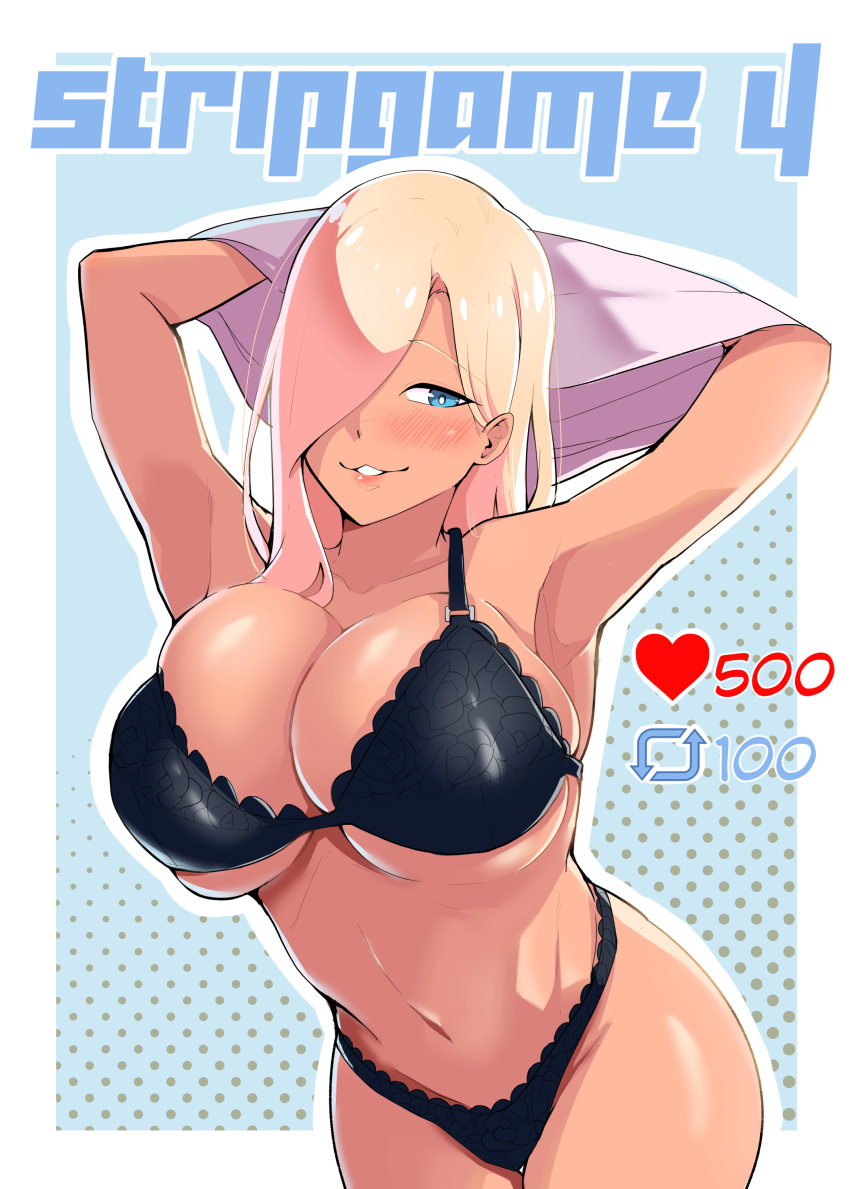 1girls big_breasts black_bra black_lingerie black_panties blonde_hair blue_eyes bra breasts busty curvaceous curvy curvy_body curvy_female curvy_figure female hair_over_one_eye huge_breasts kuraido large_breasts original original_character pixiv pixiv_link strip_game taking_clothes_off voluptuous