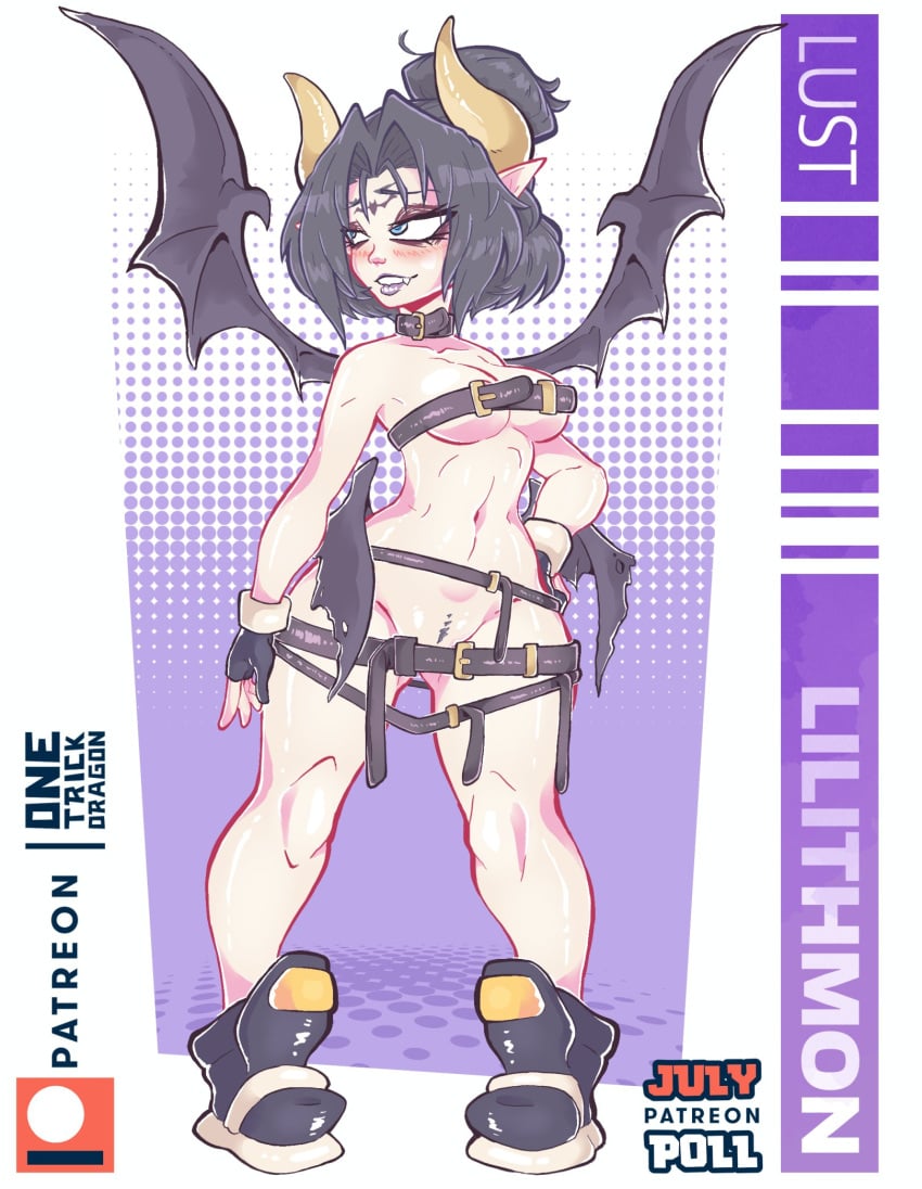 black_hair demon_girl devil_wings digimon digimon_(species) fallen_angel horns lilithmon medium_breasts naked_female onetrickdragon patreon patreon_username pubic_hair revealing_clothes seven_great_demon_lords shiny_skin short_hair succubus