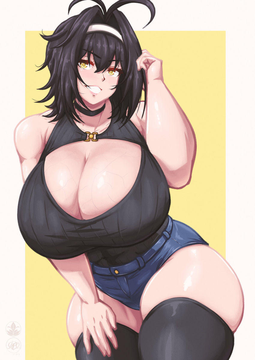 1girls black_hair breasts choker cleavage cleavage_cutout denim_shorts huge_breasts hyper_breasts miniskirt putri_aruna roneesan short_hair shorts skindentation sleeveless smile solo standing thick_thighs thighhighs