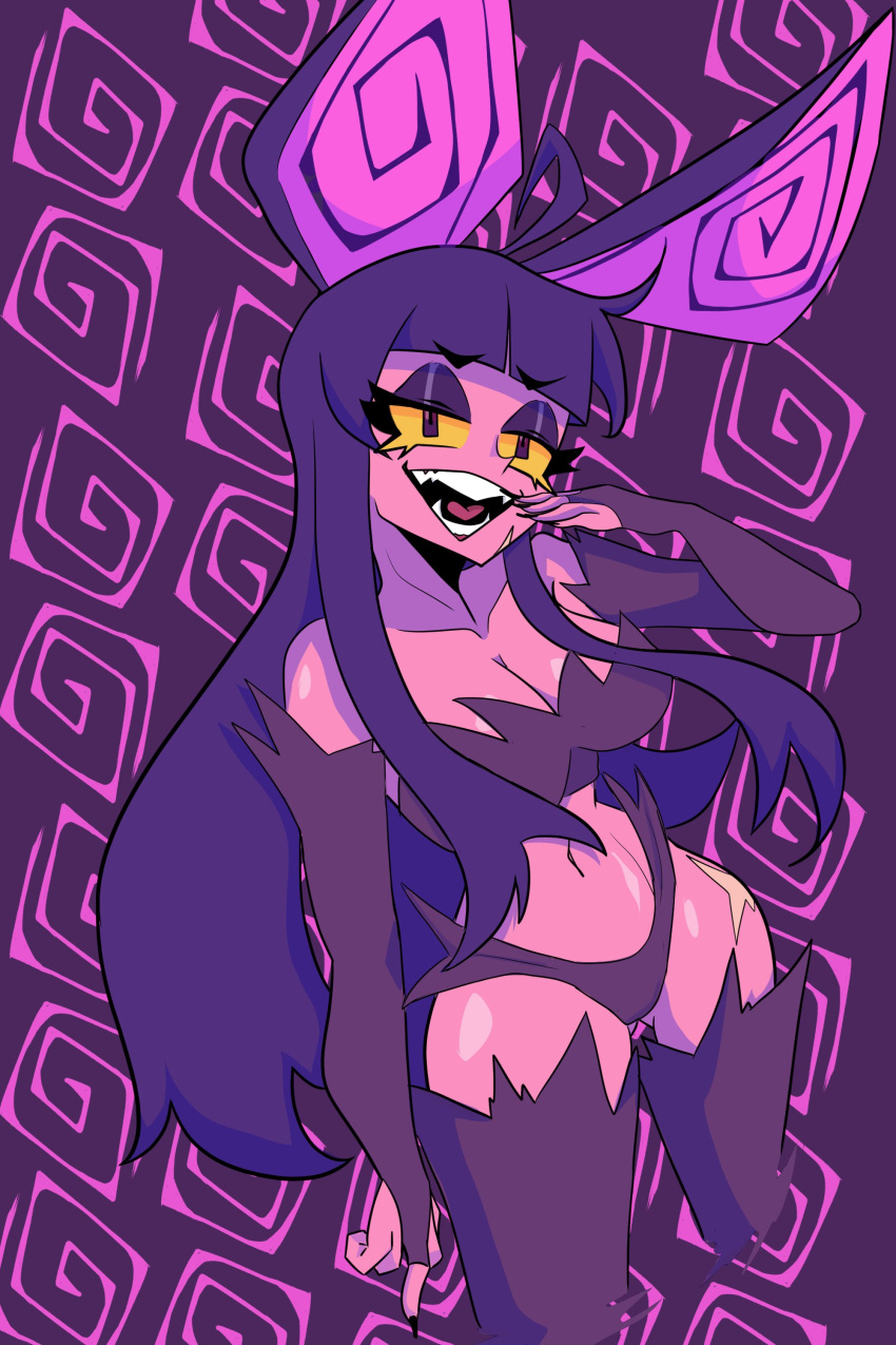 1girls bunny_ears bunny_girl daeva_(zephyrgales) edgerftw female female_only gauntlets hand_to_own_mouth long_hair looking_at_viewer narrowed_eyes open_mouth pink_skin purple_hair smiling smiling_at_viewer solo very_high_resolution yellow_eyes