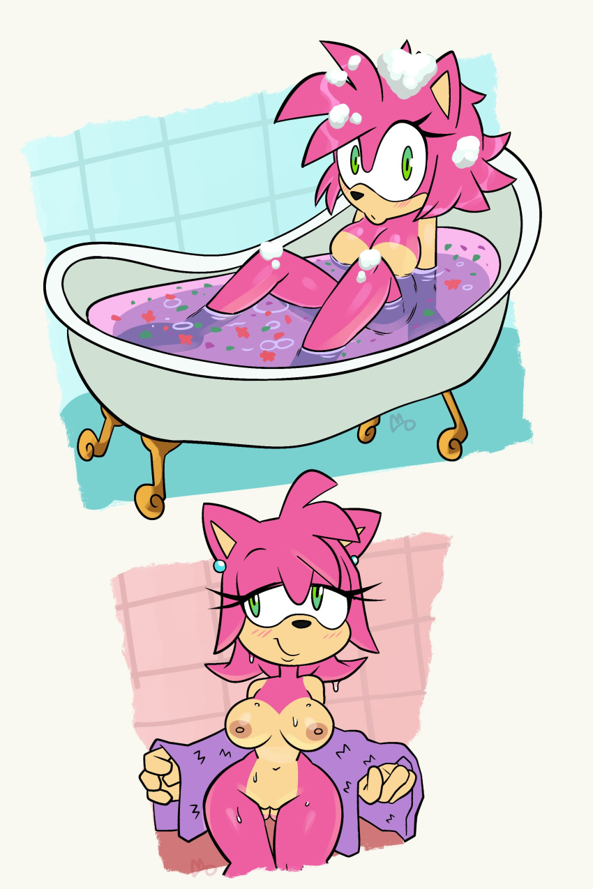 2022 absurd_res amy_rose anthro bath bathtub breasts curvy_figure drying eulipotyphlan female genitals green_eyes hedgehog hi_res hourglass_figure in_bath looking_at_viewer mammal monamania nipples partially_submerged pink_body pussy sega sitting solo sonic_(series) sonic_the_hedgehog_(series) standing suds towel water wet wide_hips