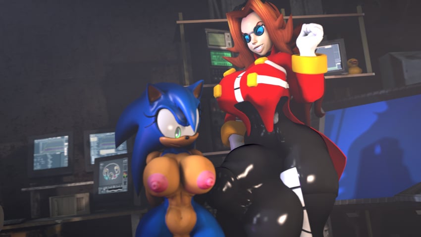 1futa 1girls 3d 3d_(artwork) auburn_eyebrows auburn_hair big_ass big_butt big_penis blue_fur bodysuit bulge bulge_through_clothing clothing crossover curvaceous curvy curvy_figure dickgirl dr._eggman duck female futanari futanari_transformation futanarization giant_penis green_eyes hedgehog hedgehog_girl hedgehog_humanoid human_on_anthro imminent_sex indoors jacket large_areolae male_to_futa massive_bulge massive_penis mizzyyy nipples pink_nipples red_eyes rule_63 sega self_upload smile smirk sonic_(series) sonic_the_hedgehog sonic_the_hedgehog_(series) source_filmmaker standing tagme tan_body wide_hips