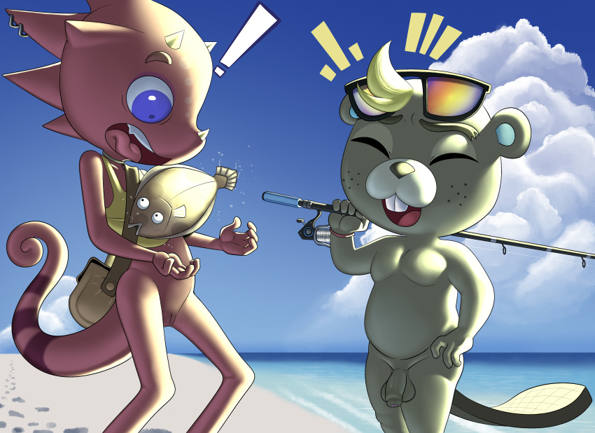 animal_crossing balls beach c.j._(animal_crossing) fish flick_(animal_crossing) genderswap nude penis tush uncut vagina