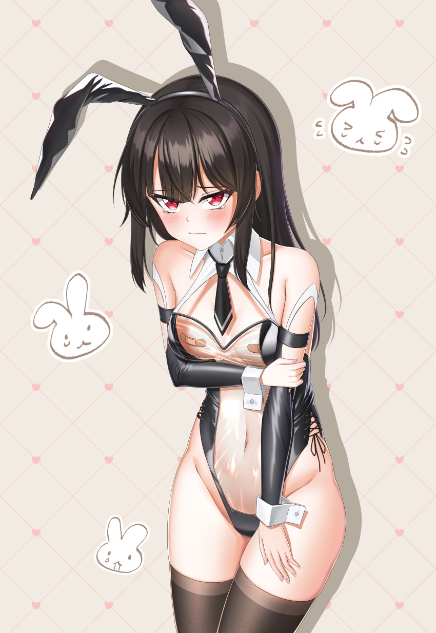 1girls bandaid bandaid_on_breast bandaids_on_nipples black_hair black_thighhighs blush blushing bunny bunny_ears bunny_girl bunnygirl bunnysuit counter:side cy7989 embarrassed fake_animal_ears hugging_self leotard long_hair necktie red_eyes tearing_up tears teary_eyes thighhighs transparent_bunnysuit transparent_clothing wrist_cuffs xiao_lin xiao_lin_(counter:side)