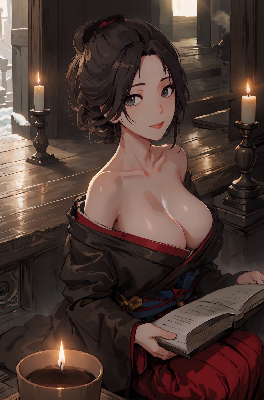 ai_generated big_breasts book brown_hair candle candlelight candles cleavage emma_(sekiro) erocle female female_only fromsoftware grey_eyes hakama indoors japanese_clothes kimono looking_at_viewer nihongami no_bra off_shoulder reading sekiro:_shadows_die_twice smile solo updo