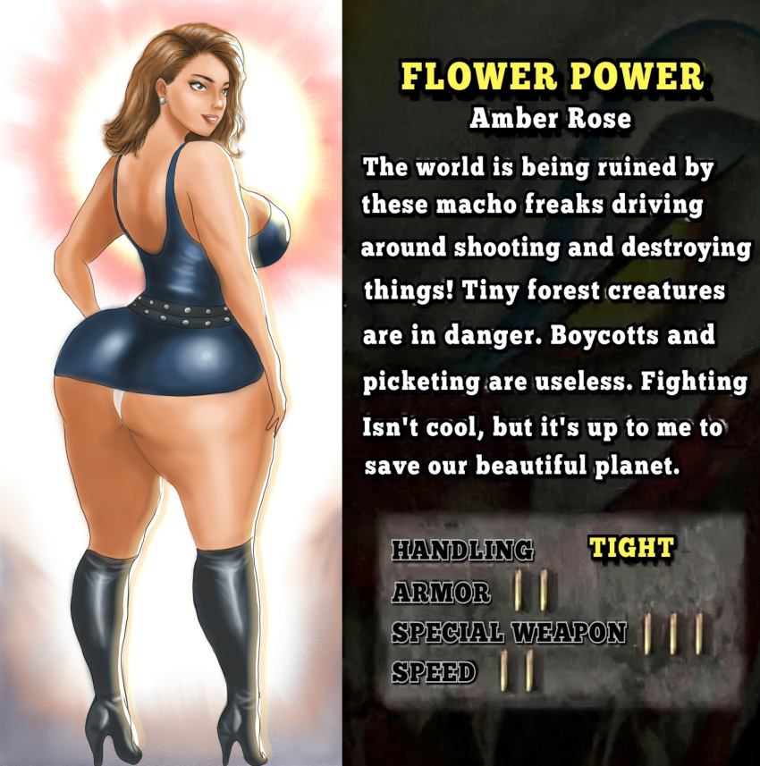 1girls 989_studios amber_rose artist_upload ass back_view big_ass butt_focus clothed female flower_power_(twisted_metal) heel_boots hi_res information posing self_upload smile solo sony_interactive_entertainment standing text twisted_metal twisted_metal_iii video_games