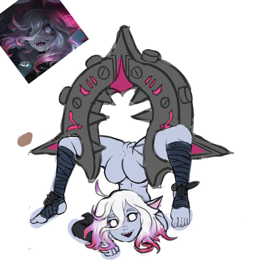 1girls briar_(league_of_legends) chest_stand feet footwear hand_stand league_of_legends legs mapachips patreon_exclusive patreon_reward smiling_at_viewer stirrup_legwear vagina white_hair