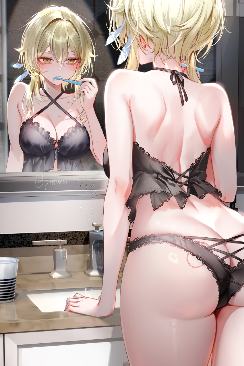 1girls absurdres artist_name ass bare_back bite_mark black_nightgown black_panties blonde_hair blush breasts brushing_teeth butt_crack female flower genshin_impact hair_between_eyes hair_flower hair_ornament highres huge_ass looking_at_mirror lumine_(genshin_impact) medium_breasts mirror nightgown panties pottsness short_hair_with_long_locks solo underwear yellow_eyes