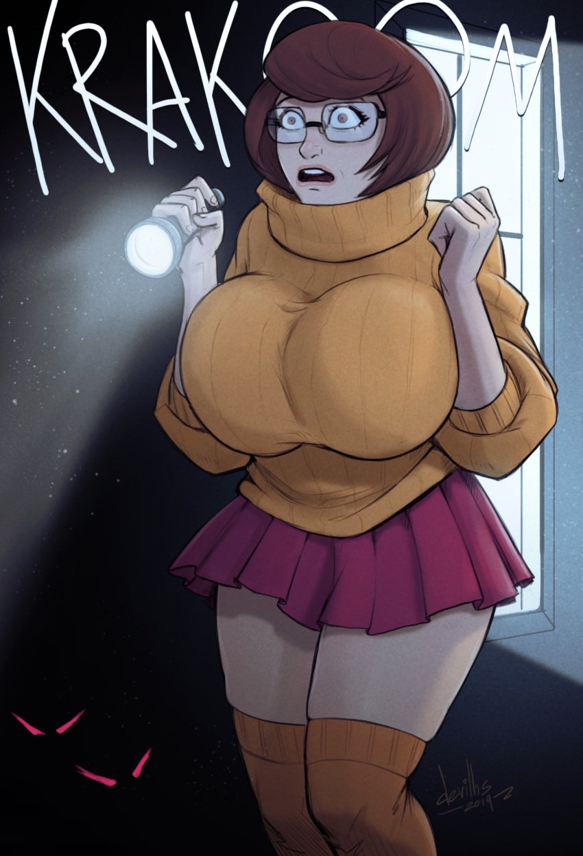 1girls big_breasts breasts brown_eyes brown_hair dark_background devil_hs eyes_wide_open female female_focus freckles glasses hanna-barbera haunted_house holding_object huge_breasts lantern legs miniskirt nerdy_female onomatopoeia scared scared_expression scared_face scooby-doo short_hair short_skirt skirt spooky stockings surprise surprised surprised_expression sweater text thick_thighs thighhighs thighs tights turtleneck turtleneck_sweater velma_dinkley wide_eyed