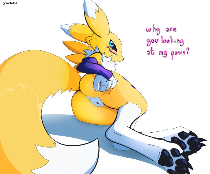 absurd_res ando ass bandai_namco blush blush_lines butt_grab canid canine dialogue digimon digimon_(species) female fur hand_on_butt hi_res looking_up mammal paws renamon solo solo_focus white_body white_fur yellow_body yellow_fur