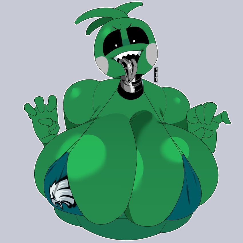 1girls animatronic anthro anthro_only behemaid black_sclera cleavage_overflow female female_only five_nights_at_freddy's huge_breasts hyper hyper_breasts nfl philadelphia_eagles robot robot_girl shiny_breasts shiny_skin sports_bikini tagme tongue tongue_out toy_chica_(fnaf) white_eyes