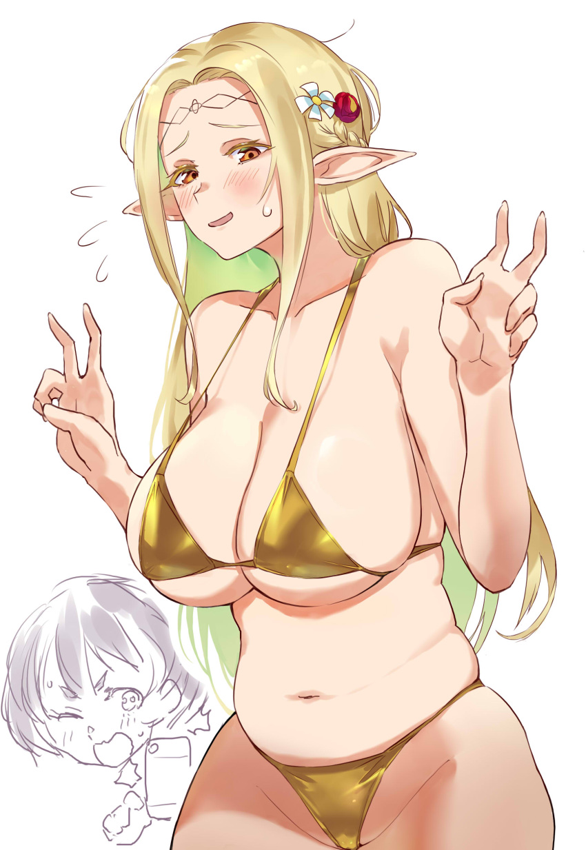 1girls 2023 belly big_breasts bikini blonde_hair blush double_v edomae_elf eldarie_irma_fanomene elf elf_ears elf_female female female_only gold_bikini hair_ornament hi_res long_hair looking_at_viewer negresco orange_eyes smiling smiling_at_viewer v_sign white_background