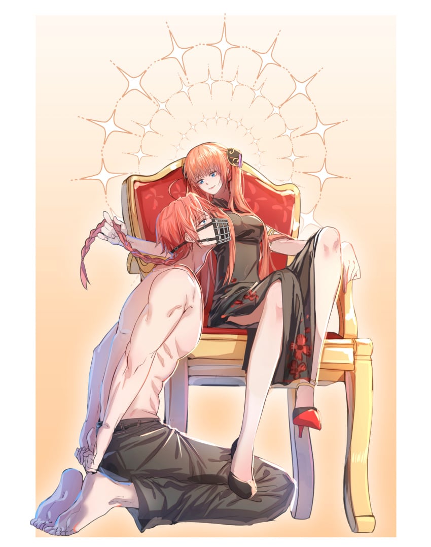 1boy 1girls aged_up blue_eyes braid braided_hair brother_and_sister bun_cover bunny_costume chair china_dress chinese_clothes double_bun female femdom full_body gintama halo high_heels kagura_(gintama) kamui_(gintama) kneeling knsbbb long_hair long_hair_male male malesub muzzle_(object) orange_hair siblings single_braid sitting smile topless_male twintails