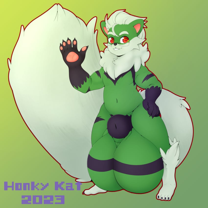 1boy animal_genitalia anthro arcanine balls big_balls big_sheath canid canine cellidor fluffy fluffy_tail fur genitals green_body green_fur green_hair hair hi_res honky_kat huge_balls huge_sheath hyper hyper_balls hyper_genitalia hyper_sheath male mammal markings neck_tuft nintendo pokemon pokemon_(species) raccoon_dog red_eyes sheath simple_background solo solo_male striped_markings stripes tail tanuki tuft