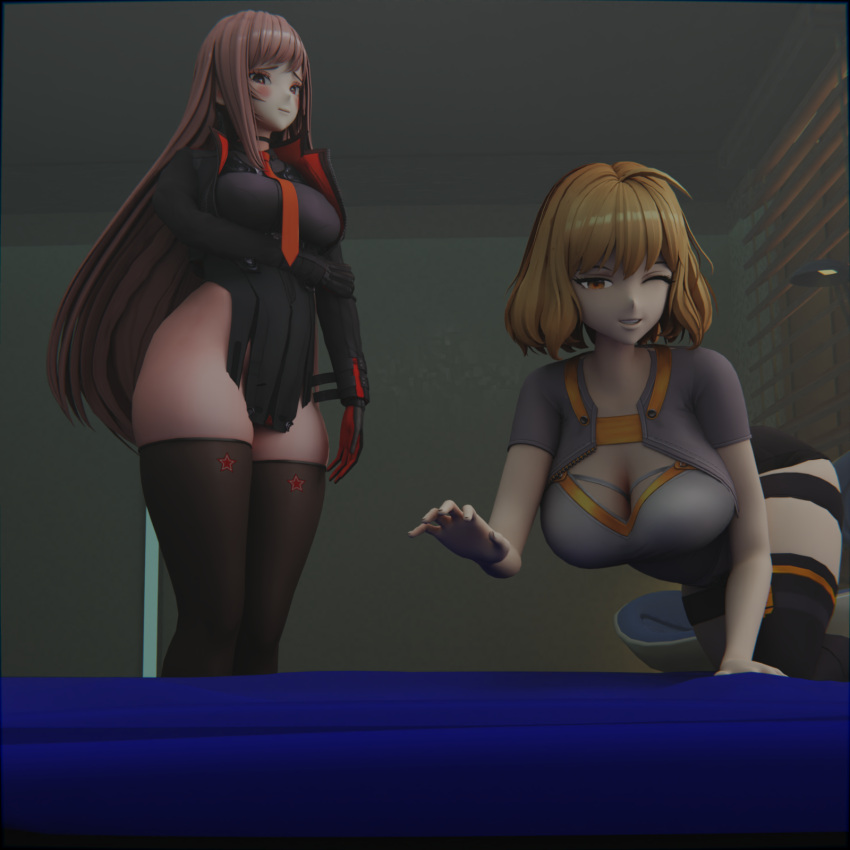 2girls 3d_(artwork) anis_(nikke) bed bed_sheet bedroom bedroom_eyes big_breasts blender_(software) blender_cycles blonde_hair blush blush blushing_at_viewer breasts cleavage clothed crawling elitedog female female_focus female_only goddess_of_victory:_nikke looking_at_viewer partly_clothed pov rapi_(nikke) red_hair smile thighs uniform