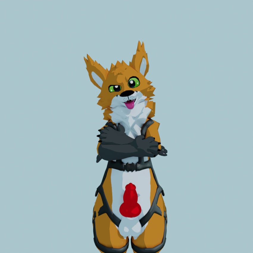 1:1 3d_(artwork) animal_genitalia animal_penis anthro canid canine canine_genitalia canine_penis crossed_arms digital_media_(artwork) fox genitals grey_background harness hybrid knot male male/male mammal penis randomfur1 simple_background solo taidum tongue tongue_out