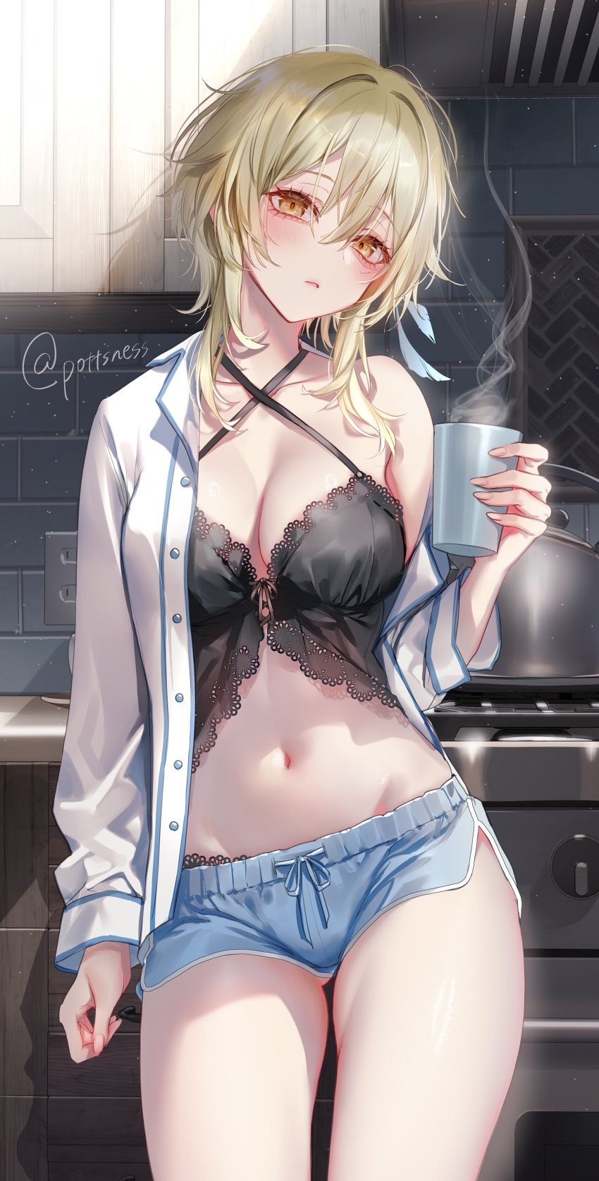 coffee coffee_mug denim_shorts drowsy eyebags genshin_impact kitchen large_breasts lumine_(genshin_impact) messy_hair nightgown open_shirt panties pottsness signature solo